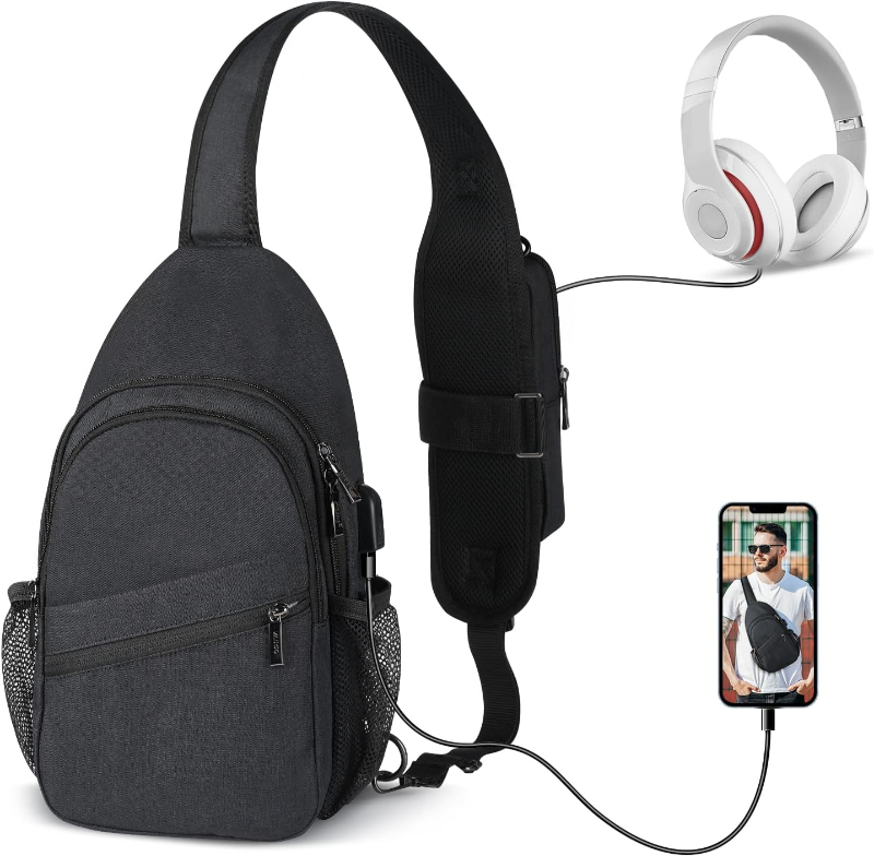 VADOO Sling Backpack featuring detachable phone holder, headphones, and phone attached for convenient access.