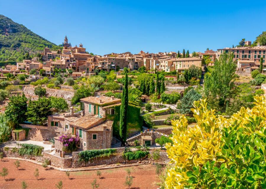 Scenic panorama of Valldemossa village, highlighting its picturesque architecture and surrounding landscape in Mallorca, Spain