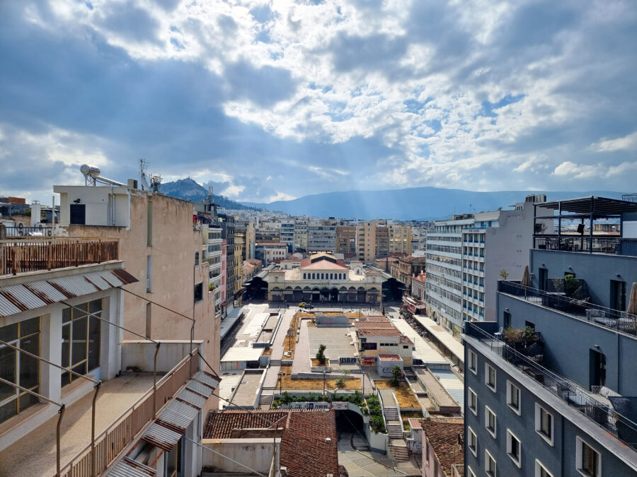Aerial view of Varvakios Central Food Market in Athens, Greece, showcasing vibrant stalls and bustling activity