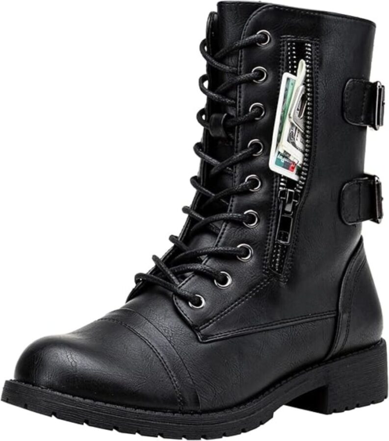 Black Vepose Women's 928 combat boot featuring a zipper and decorative buckles.
