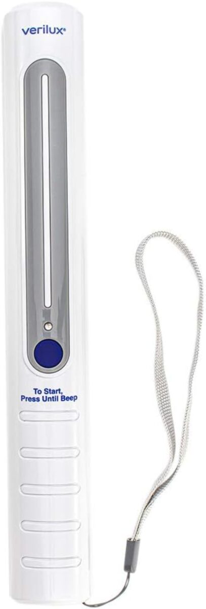 White Verilux CleanWave Portable UV Wand with a cord attached, designed for sanitizing surfaces.
