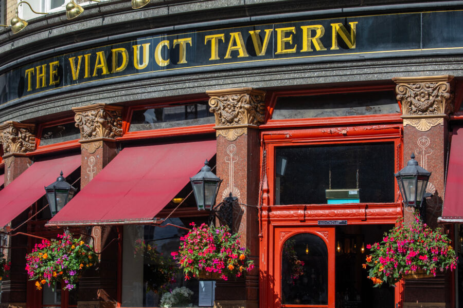 The Viaduct Tavern's facade in London, highlighting its traditional design and welcoming atmosphere 
