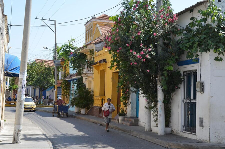 Charming tropical street scene with colonial architecture, vibrant colors, pedestrian, cart, and nature.