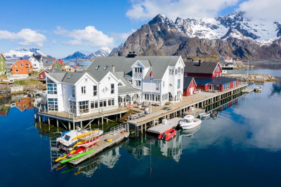 Scenic view of the Lofoten Islands in Norway, featuring Villa Bryggekanten amidst stunning natural landscapes.
