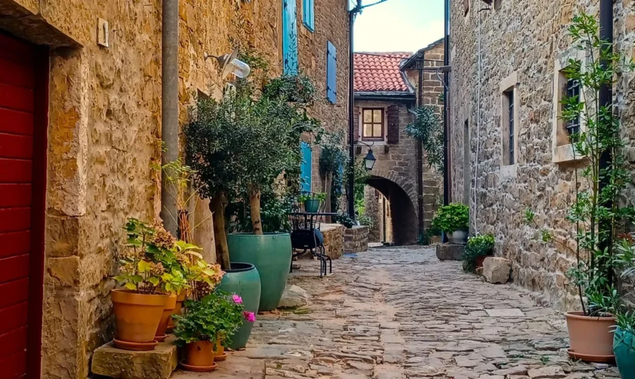 Charming European cobblestone alley with stone buildings, vibrant flowers, red door, and blue shutters.