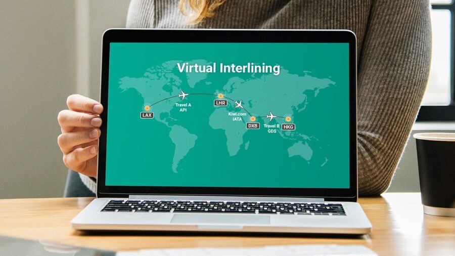 Virtual interlining laptop with world map highlighting global airports and travel service integrations.