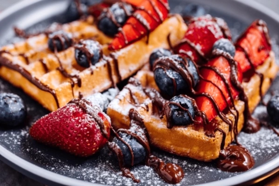 Belgian waffles with strawberries, blueberries, powdered sugar, and chocolate drizzle.