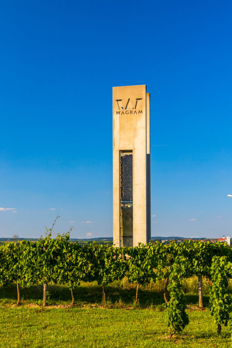 Entrance sign to the Wagram wine region in Lower Austria, featuring vineyards and scenic countryside