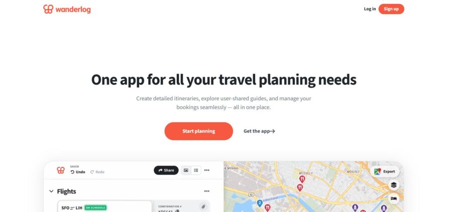 Wanderlog app interface highlighting travel planning features. Central text reads: “One app for all your travel planning needs” with a "Start planning" button below. Screenshot shows a map and flight itinerary. Buttons for login and sign-up are on the top right.