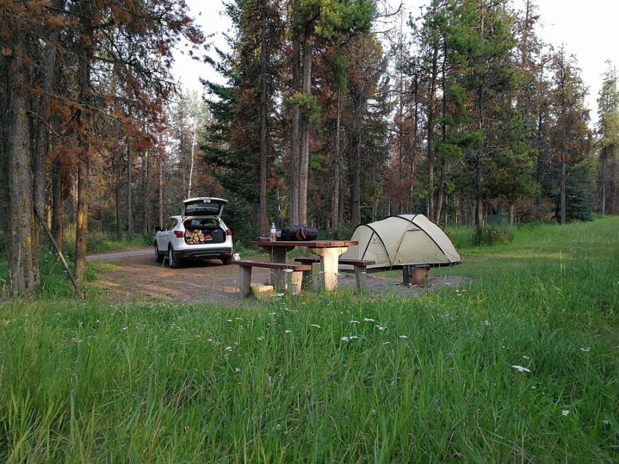 Parked car in a field at Wapiti Campground, Jasper National Park, alongside a tent and picnic table setup.