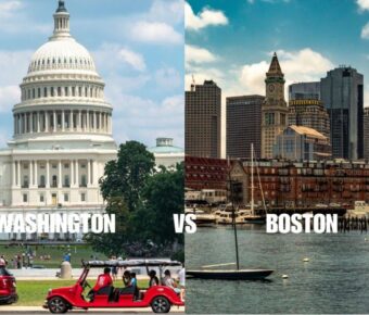 Washington D.C. Capitol and Boston skyline contrasting cityscapes with historic architecture and modernity.