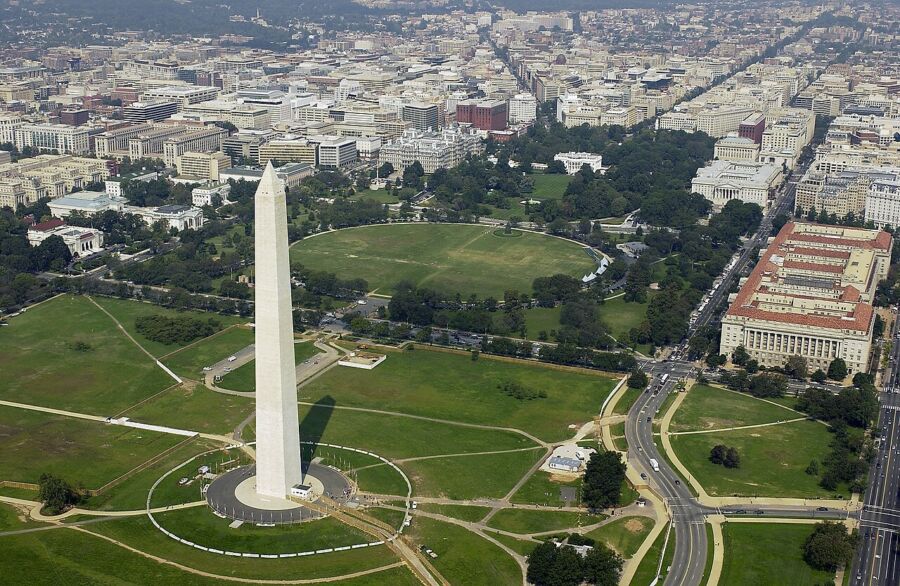 Aerial view of the Washington Monument, showcasing its towering structure against the surrounding landscape.