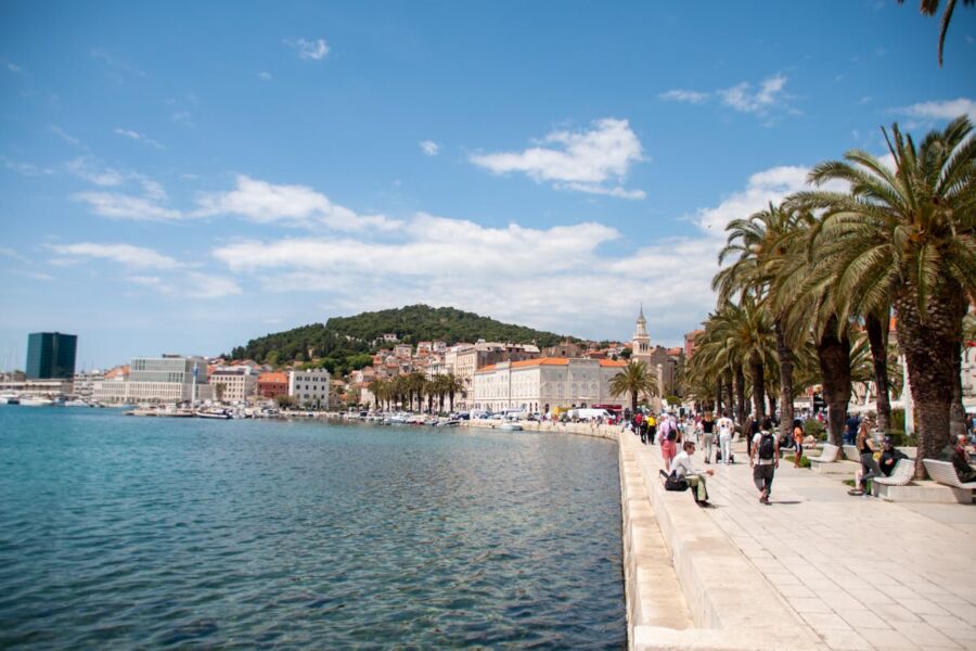 Mediterranean coastal promenade with palm trees, modern architecture, and people enjoying the waterfront.
