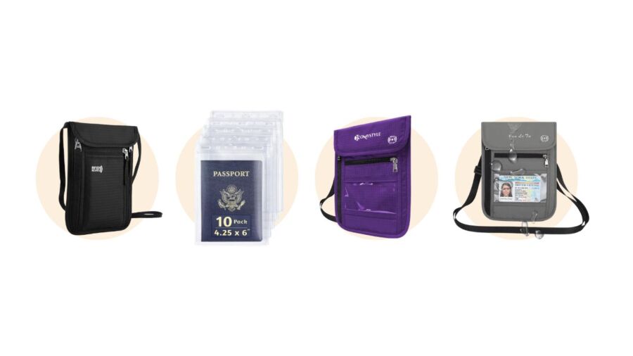 Collection of travel accessories for women, featuring waterproof passport holder lanyards in various colors and styles.