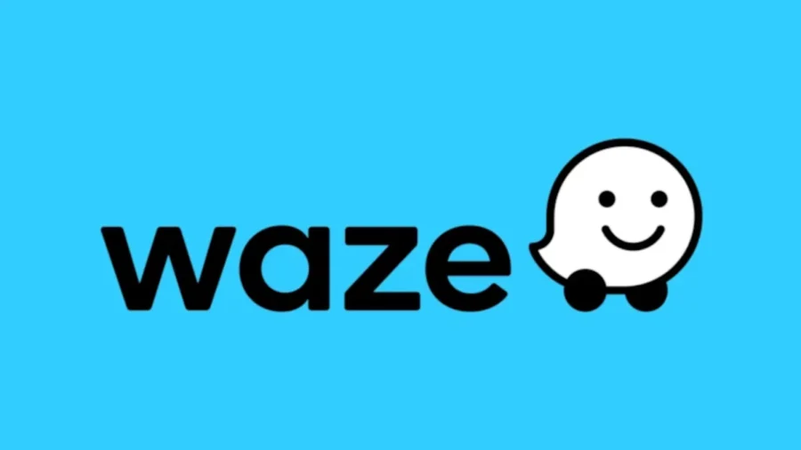 Waze logo mascot speech-bubble car on turquoise background, Germany.