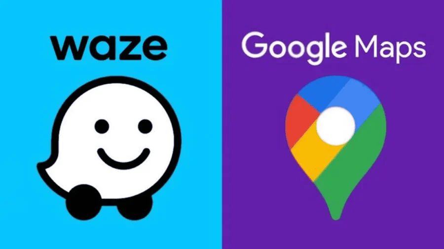 Waze versus Google Maps navigation logos side-by-side on cyan and purple split-screen.