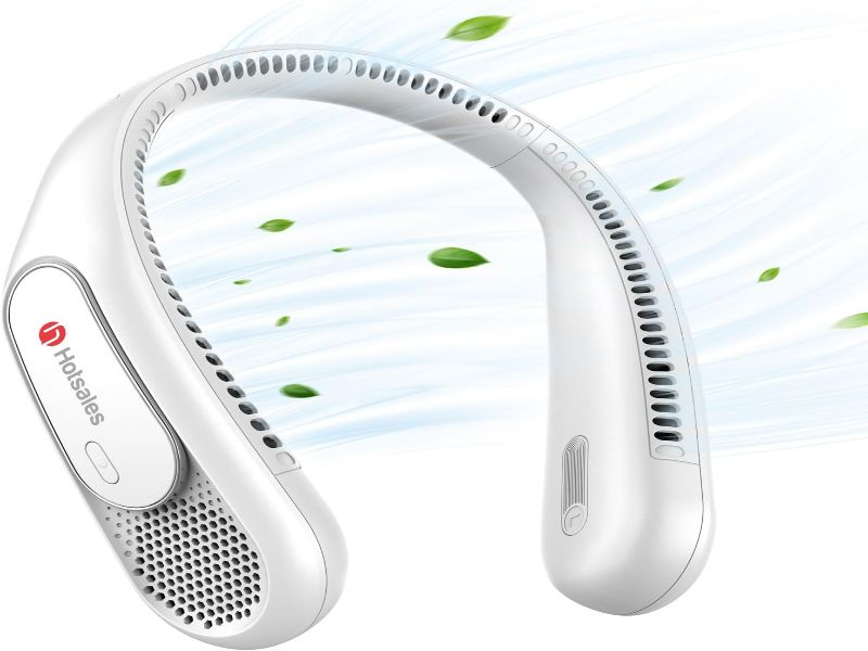 Innovative neck-mounted personal fan for hands-free cooling, stylish and ergonomic design.