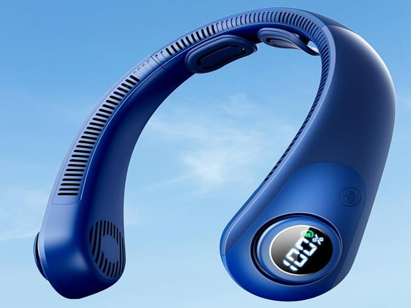 Innovative personal cooling/heating neckband with LCD display for ergonomic comfort and style.