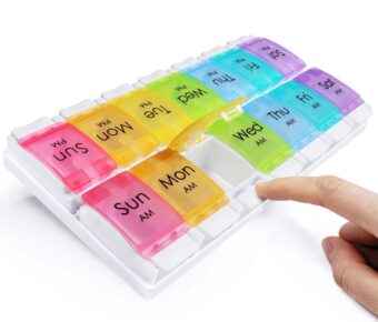 Two-row weekly AM/PM pill organizer, 14 compartments with colored lids for medication.