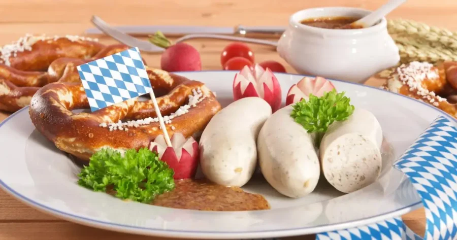 Weisswurst, soft pretzel, coarse mustard, parsley—traditional Bavarian breakfast plate.