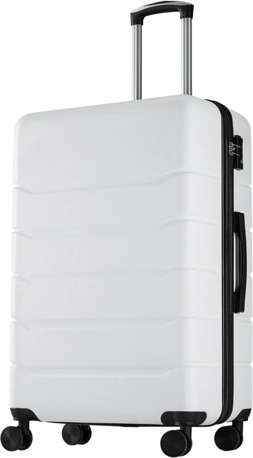 OLIXIS white 24-inch hardshell checked spinner suitcase with telescoping handle and double-spinner wheels.