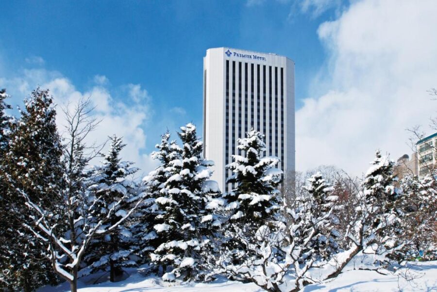 winter hotel tower snowy trees