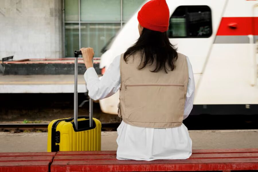 Traveler with yellow suitcase on red bench at train station, awaiting adventure.