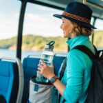A traveler using reusable water bottle, packing light, and using public transportation to explore a scenic, eco-friendly destination