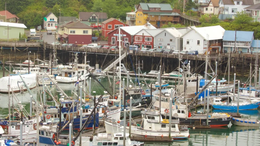 Ketchikan fishing harbor with crowded working boats and waterfront warehouses.
