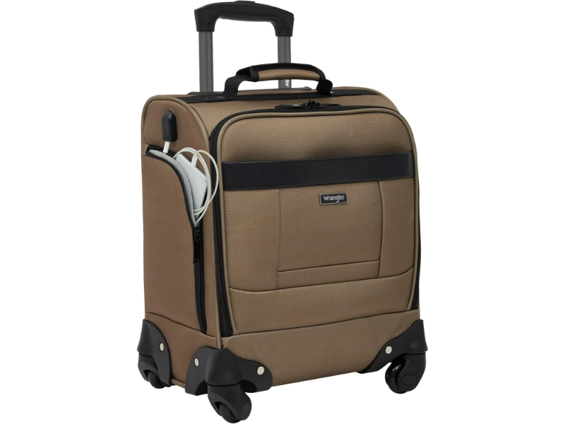 Compact brown suitcase with wheels, telescopic handle, and front pocket for travel essentials.