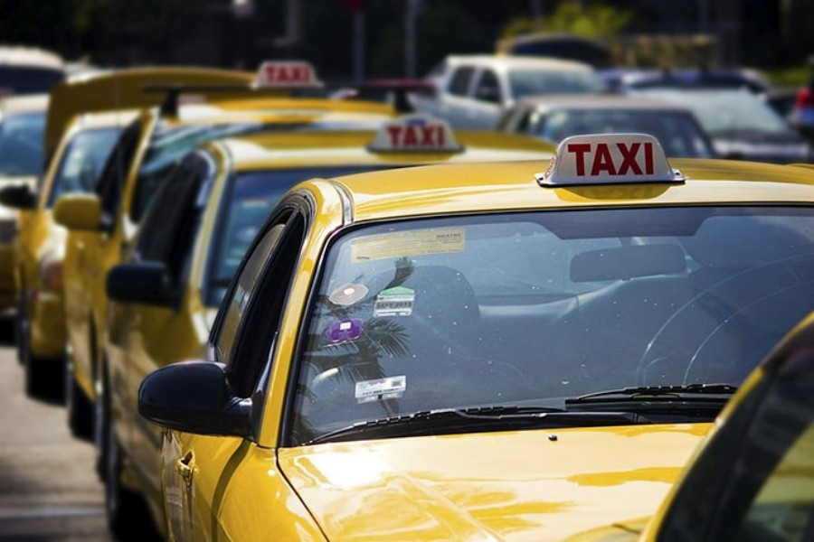 Yellow taxis lined up in urban traffic with rooftop TAXI signs.