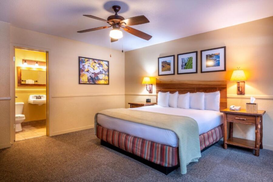 Hotel room at Yosemite Valley Lodge featuring a bed, television, and ceiling fan, set in Yosemite National Park.