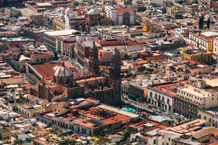 Aerial view of Zacatecas City skyline, highlighting urban architecture and landscape