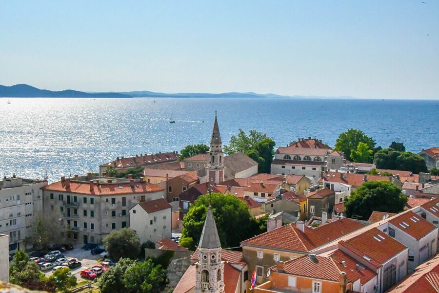 Scenic view of Split, Croatia, captured from a hill, highlighting the city's architecture against the backdrop of the Zadar Coast.