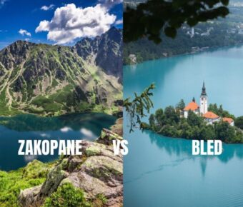 Zakopane mountains vs Lake Bled travel: Polish Tatra peaks and Slovenian island.