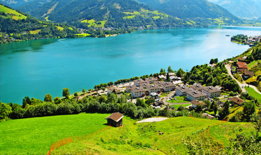 Aerial view of Lake Zell in Zell am See, Austria, showcasing a stunning landscape with vibrant blue water.
