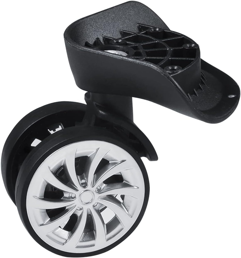 Black wheel with a white rim and black spokes, designed for the Zerone luggage wheel upgrade.