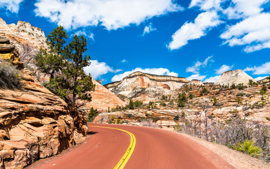 Scenic view of Zion-Mount Carmel Highway winding through Zion National Park, surrounded by stunning red rock formations