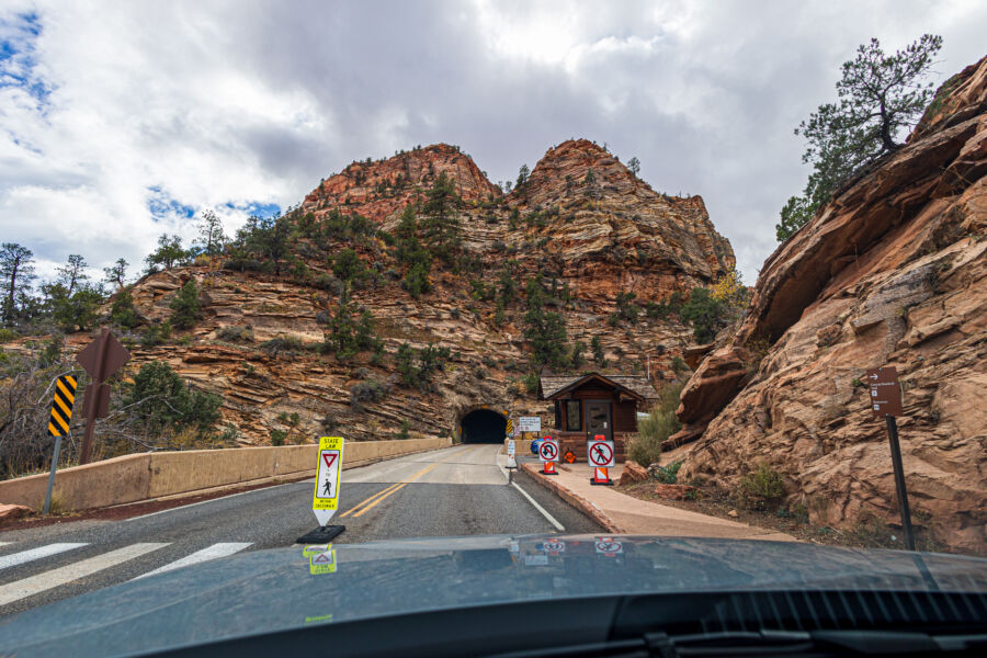 View of the east entrance to the Zion - Mount Carmel Tunnel along Zion Park Boulevard, within Zion National Park