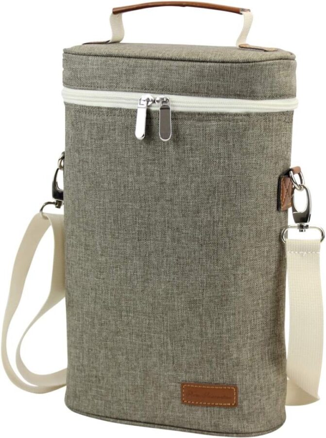 ZORMY Insulated 2-Bottle Wine Carrier, featuring a grey canvas exterior and a stylish leather strap for easy transport.
